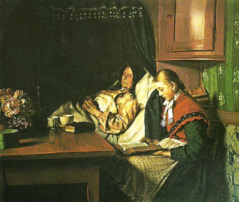 ved en sygeseng, en ung pige lceser for den gamle kone i alkoven, Michael Ancher